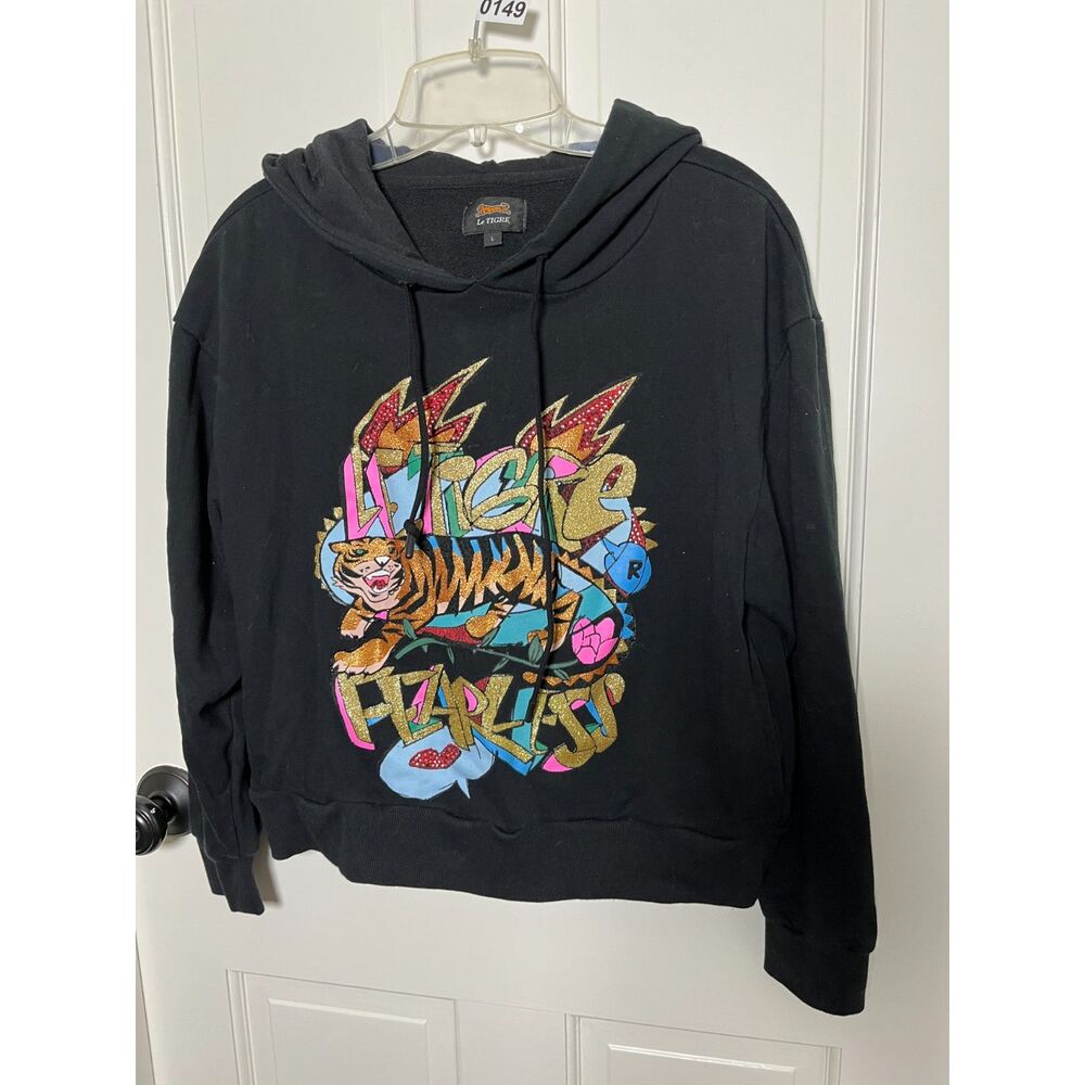 Le Tigre Women’s L Black Y2K Glitter Rhinestone Tiger Graphic Hoodie